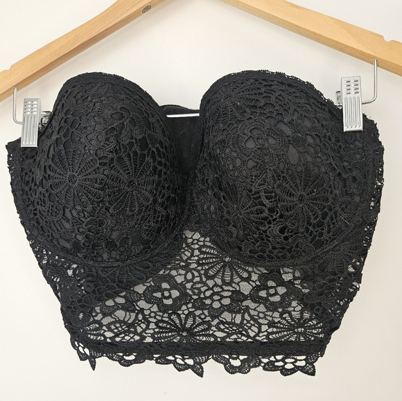 Black Crochet Lace Bustier Corset Top XXL Strapless Longline Sweetheart - Picture 5 of 16